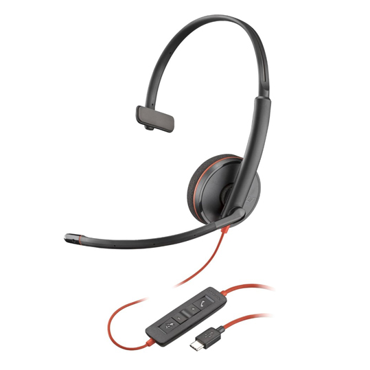 سماعة رأس أحادية الأذن من نوع Poly Blackwire 3210 بمنفذ USB-C + محول USB-C/A 8X214A6