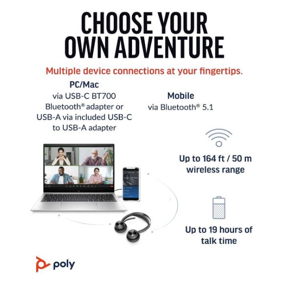 Poly Voyager Focus 2 Microsoft Teams Certified USB-C-C Headset +USB-C/A Adapter +Charging Stand (9T9J6AA) 