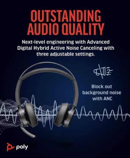 Poly Voyager Focus 2 Microsoft Teams Certified USB-C-C Headset +USB-C/A Adapter +Charging Stand (9T9J6AA) 