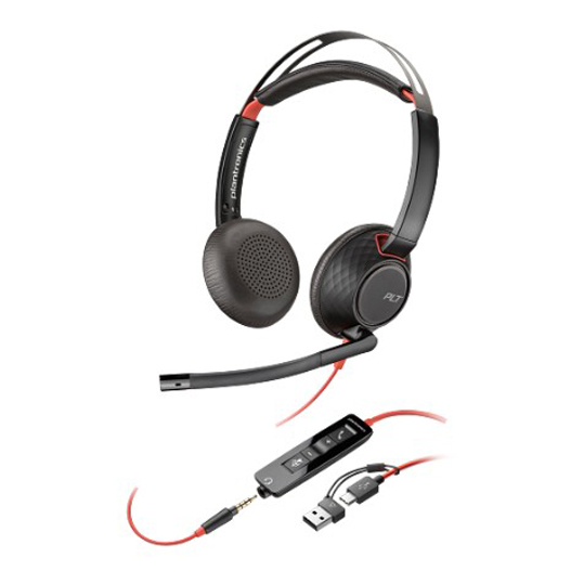 سماعة رأس ستيريو Poly Blackwire 5220 بمنفذ USB-C + قابس 3.5 ملم + محول USB-C/A (8X231AA)